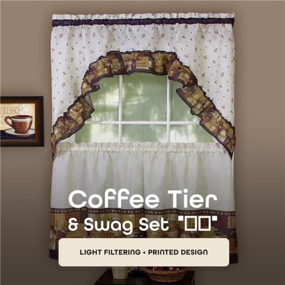 Embellished Tier and Swag Window Curtain Set - 57 Inch Width, 24 Inch Length - Picture 2 of 7